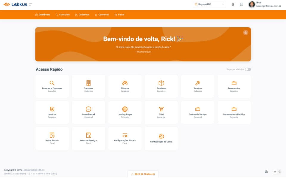 Painel do Lekkus ERP com o acesso rápido aos módulos
